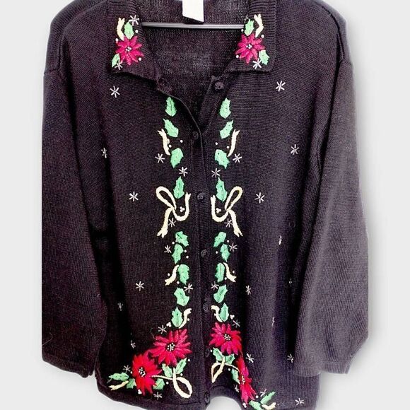OHI Womens Cardigan Sz 2X Black Red Green Christmas Holiday‎ Sweater Cotton Vtg - Picture 7 of 13